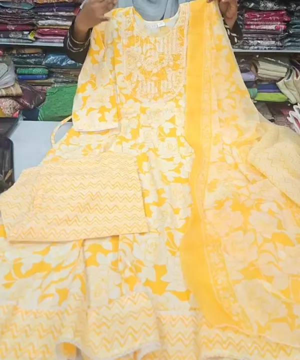 Pure Cotton Long Anarkali Top Bottom Dupatta Set | TS3636