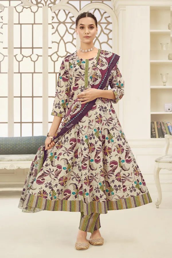 Premium Cotton Panel Anarkali Top Bottom Dupatta Set | TS1820