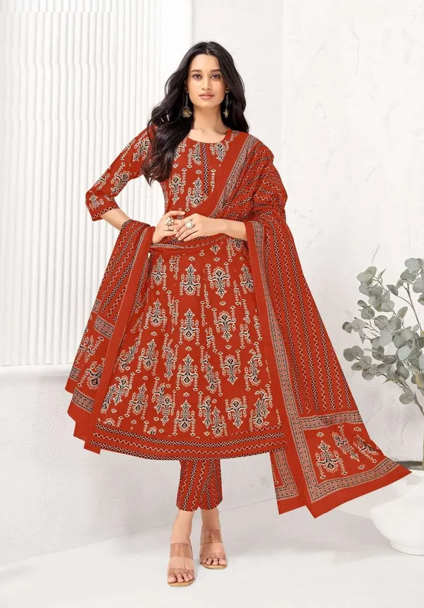 Premium Cotton Panel Anarkali with Side Pocket (Top, Bottom & Dupatta) | TS3418