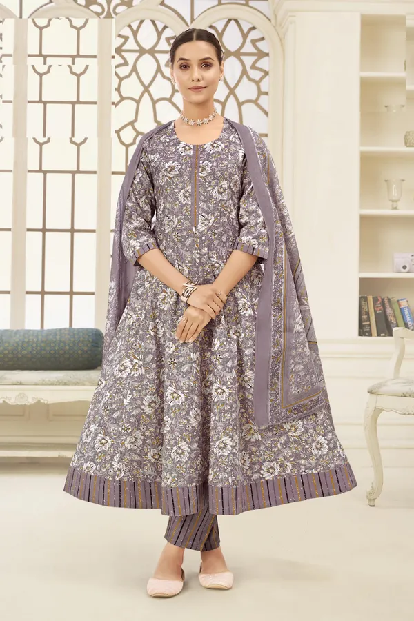 Premium Cotton Panel Anarkali Top Bottom Dupatta Set | TS1810