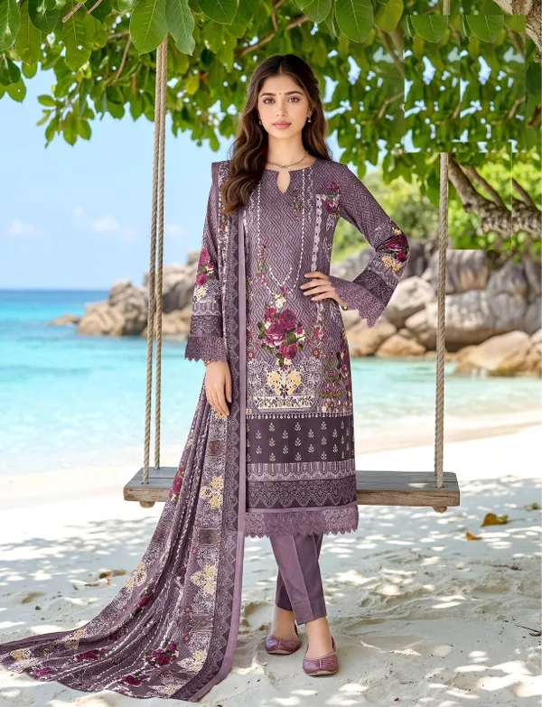 Pure Cotton Karachi Style Side Cut Top Bottom & Dupatta | TS3763