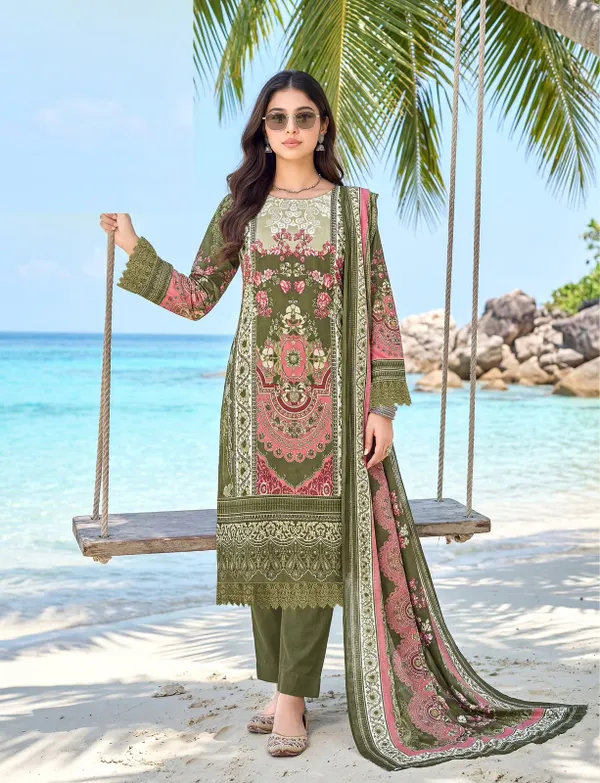 Pure Cotton Karachi Style Side Cut Top Bottom & Dupatta | TS3766