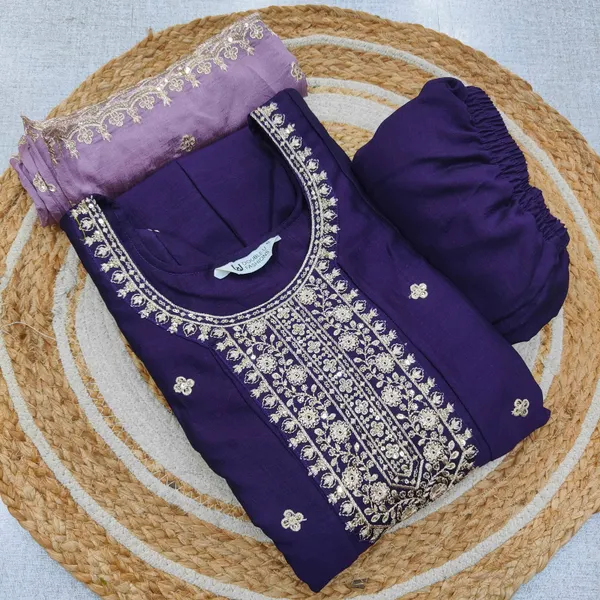 Premium Vichitra Silk Long Anarkali Top Bottom Dupatta Set | TS3747