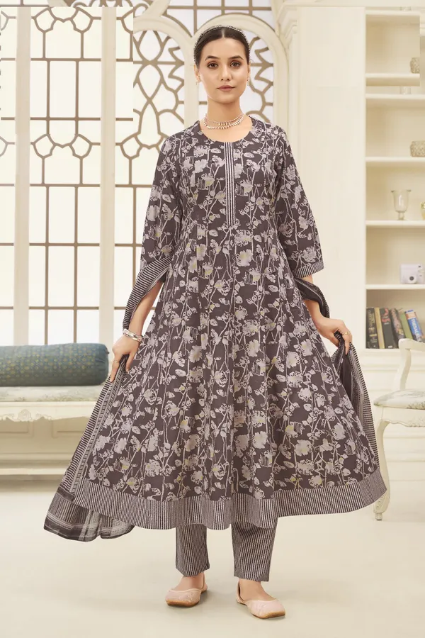 Premium Cotton Panel Anarkali Top Bottom Dupatta Set | TS1813