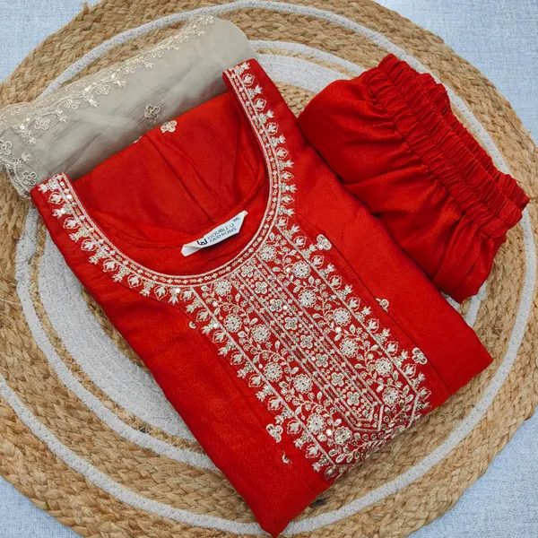 Premium Vichitra Silk Long Anarkali Top Bottom Dupatta Set | TS3748