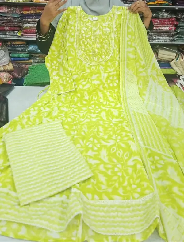 Pure Cotton Long Anarkali Top Bottom Dupatta Set | TS3637