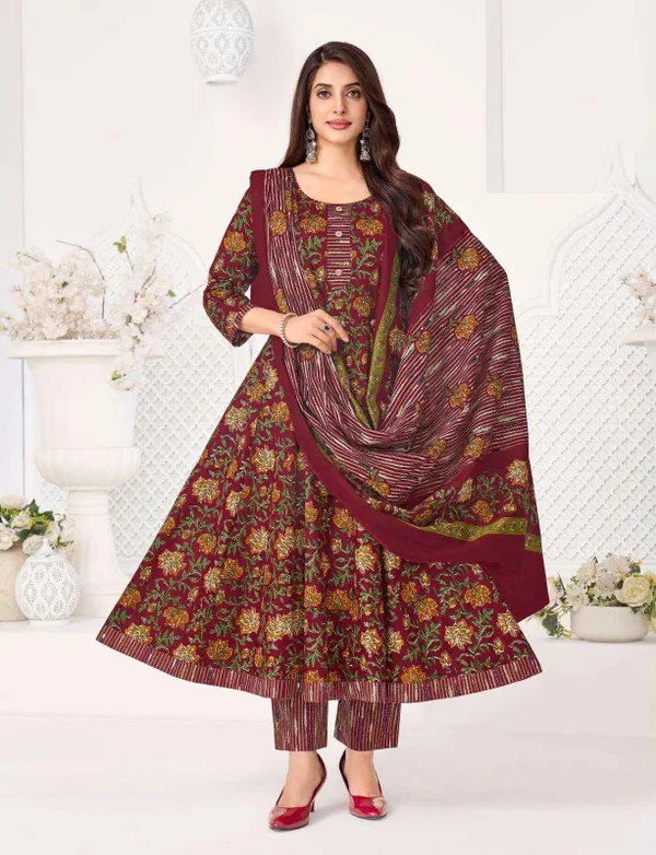 Pure Cotton Anarkali Top Bottom Dupatta Set | TS3551