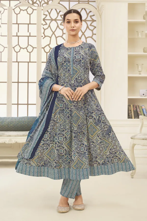 Premium Cotton Panel Anarkali Top Bottom Dupatta Set | TS1815
