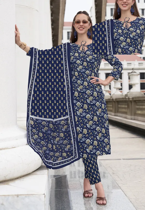 Premium Cotton Batik Straight Kurti  Bottom Dupatta Set | TS1689