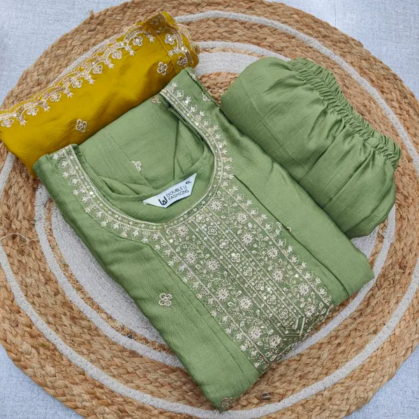 Premium Vichitra Silk Long Anarkali Top Bottom Dupatta Set | TS3742