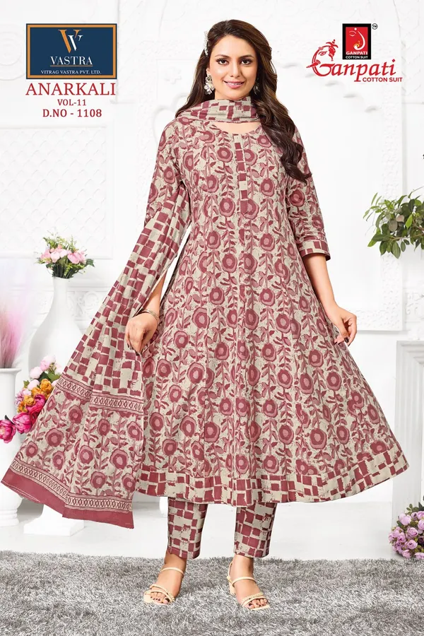 Ganpati Anarkali Top Bottom Dupatta | Pure Cotton | GN1108