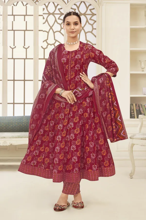 Premium Cotton Panel Anarkali Top Bottom Dupatta Set | TS1809