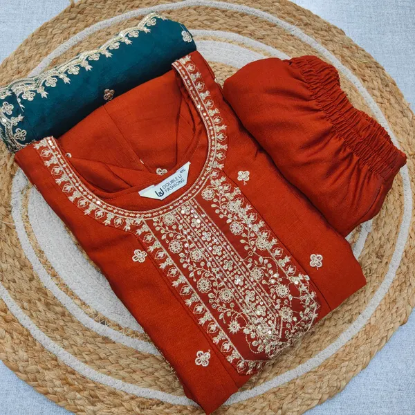 Premium Vichitra Silk Long Anarkali Top Bottom Dupatta Set | TS3744