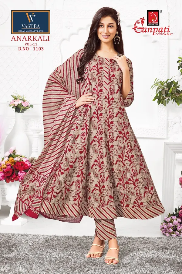 Ganpati Anarkali Top Bottom Dupatta | Pure Cotton | GN1103