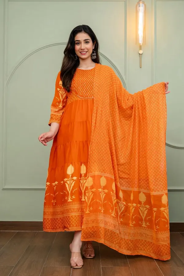 Rayon Cotton Long Anarkali Kurti with Dupatta | KS1233
