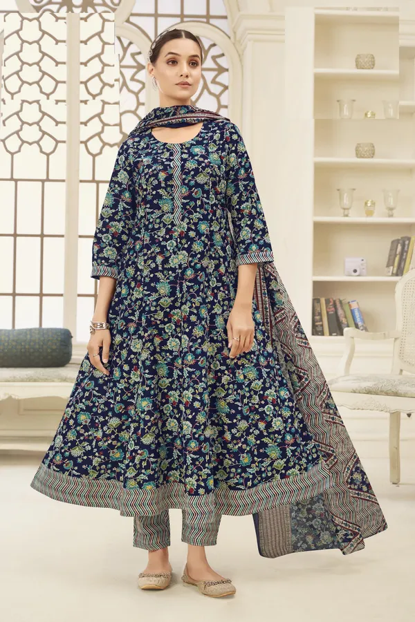 Premium Cotton Panel Anarkali Top Bottom Dupatta Set | TS1821