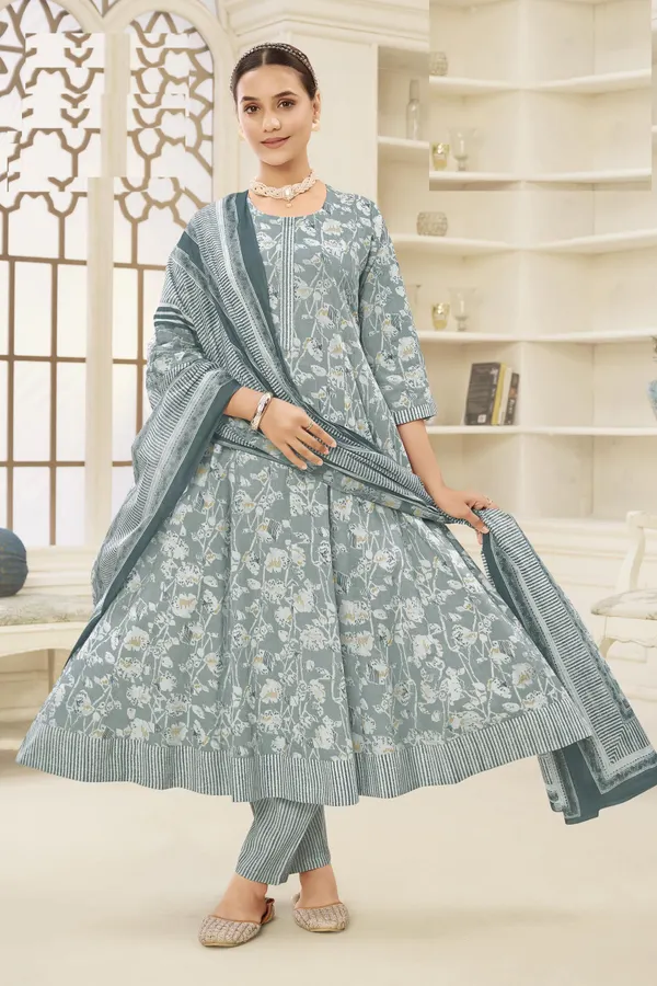 Premium Cotton Panel Anarkali Top Bottom Dupatta Set | TS1817