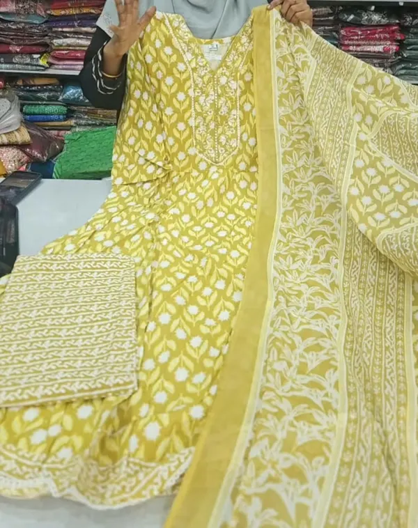 Pure Cotton Long Anarkali Top Bottom Dupatta Set | TS3635