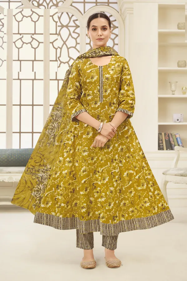 Premium Cotton Panel Anarkali Top Bottom Dupatta Set | TS1818