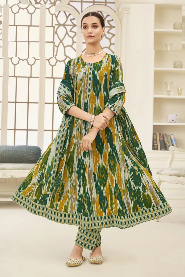 Premium Cotton Panel Anarkali Top Bottom Dupatta Set | TS1814