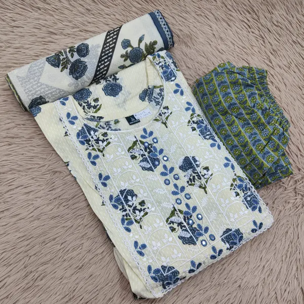 Cotton Anarkali Top Bottom Dupatta Set | TS3035