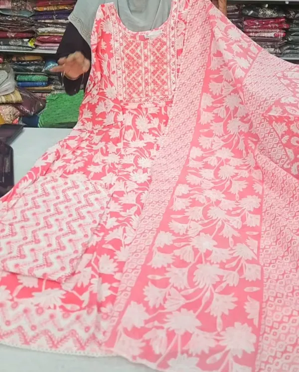 Pure Cotton Long Anarkali Top Bottom Dupatta Set | TS3638
