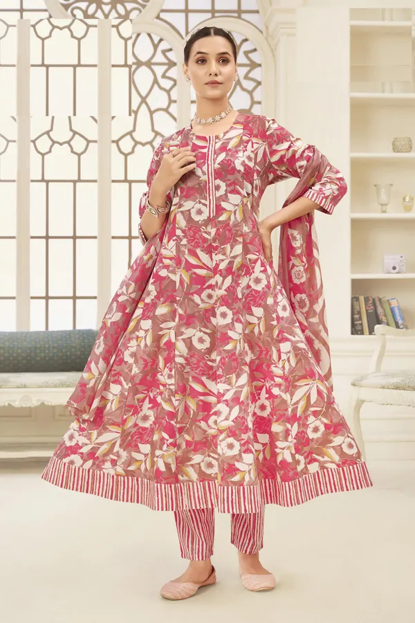 Premium Cotton Panel Anarkali Top Bottom Dupatta Set | TS1812