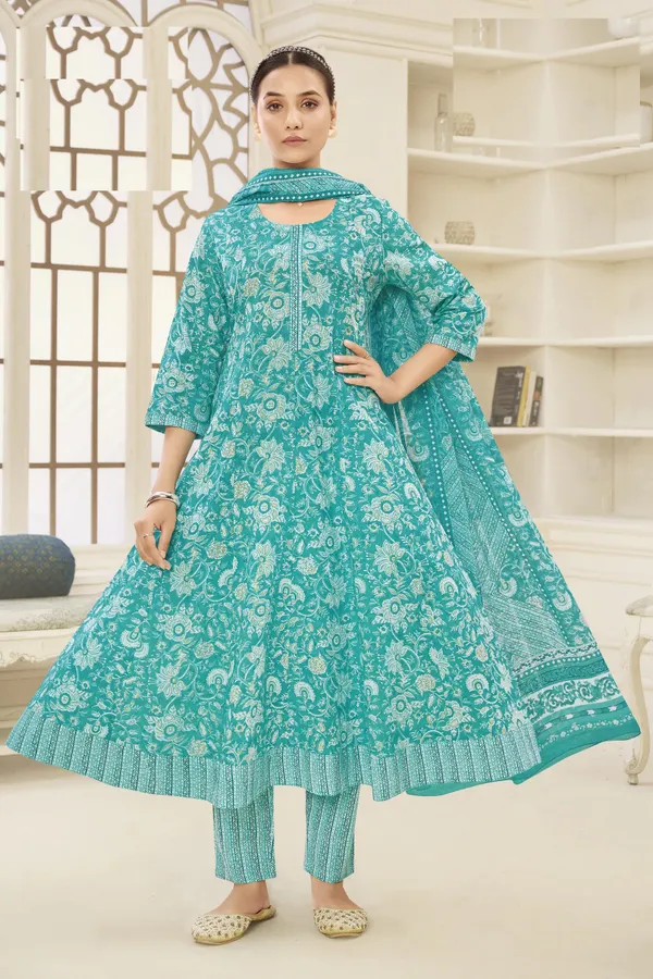 Premium Cotton Panel Anarkali Top Bottom Dupatta Set | TS1811
