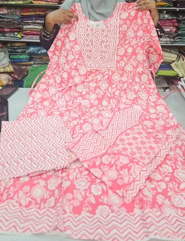 Pure Cotton Long Anarkali Top Bottom Dupatta Set | TS3642