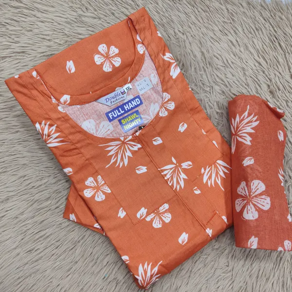 Premium Cotton Full Hand Nighty with Matching Shawl | NT3244