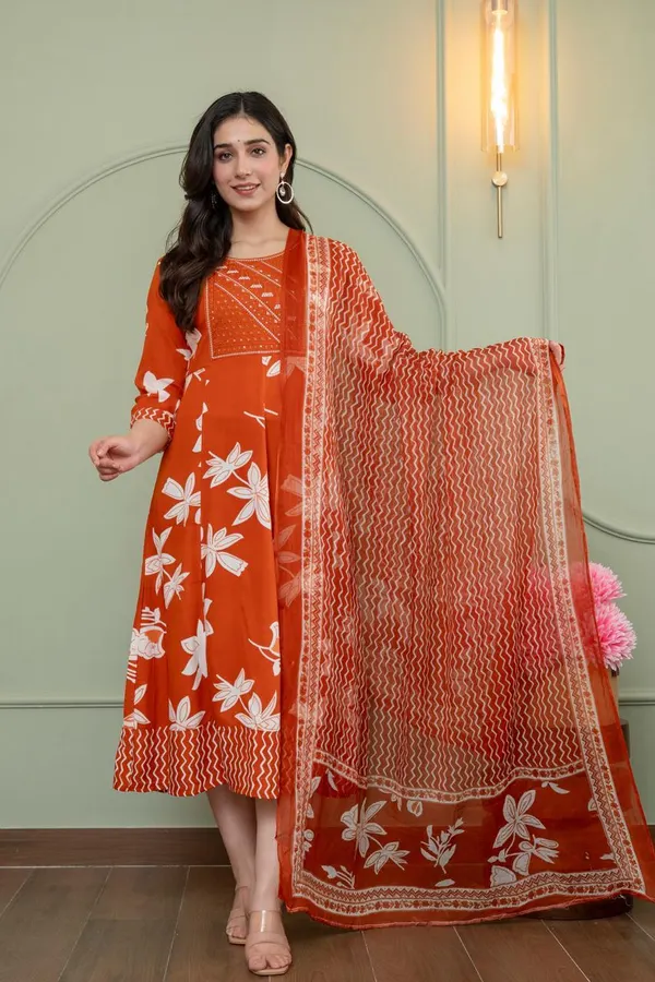 Rayon Cotton Long Anarkali Kurti with Dupatta | KS1234