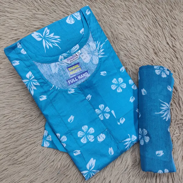 Premium Cotton Full Hand Nighty with Matching Shawl | NT3248