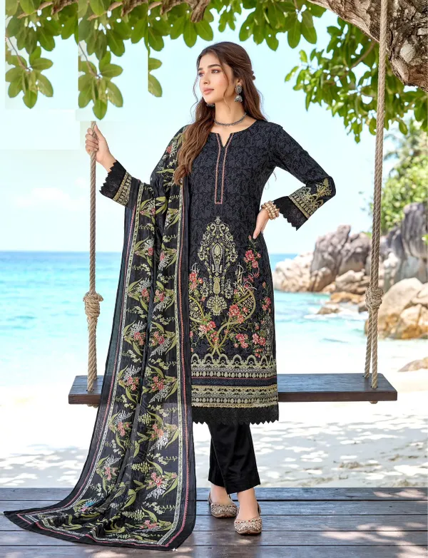 Pure Cotton Karachi Style Side Cut Top Bottom & Dupatta | TS3762
