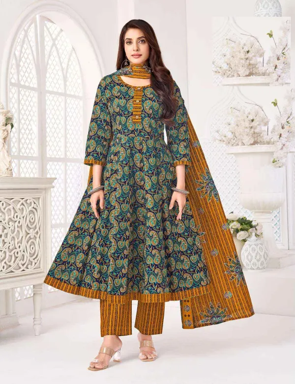 Pure Cotton Anarkali Top Bottom Dupatta Set | TS3549