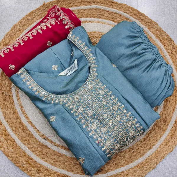 Premium Vichitra Silk Long Anarkali Top Bottom Dupatta Set | TS3739