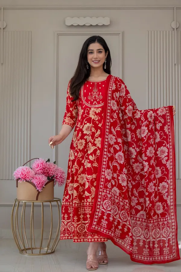 Rayon Cotton Long Anarkali Kurti with Dupatta | KS1243