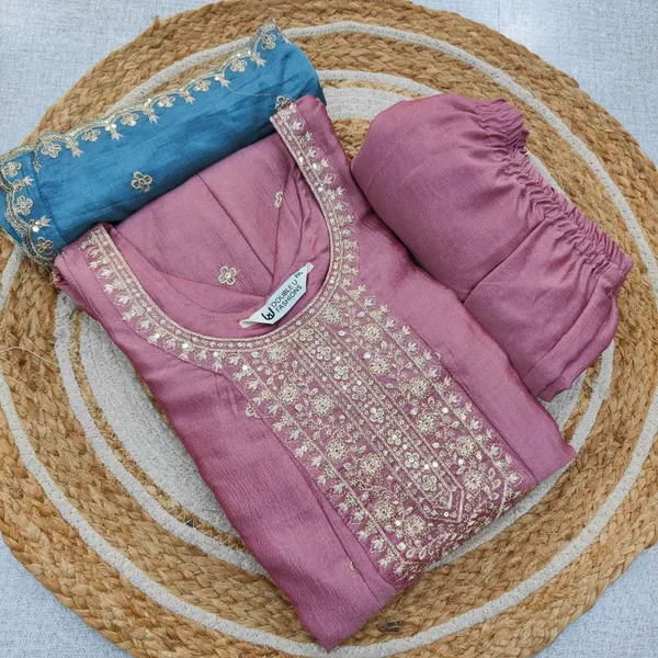 Premium Vichitra Silk Long Anarkali Top Bottom Dupatta Set | TS3746
