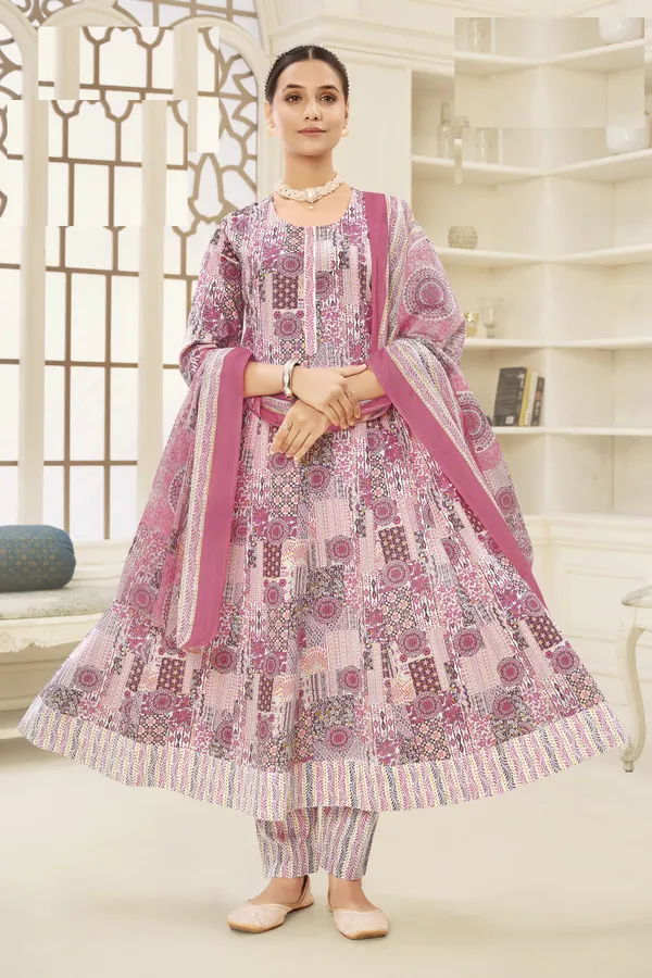 Premium Cotton Panel Anarkali Top Bottom Dupatta Set | TS1808