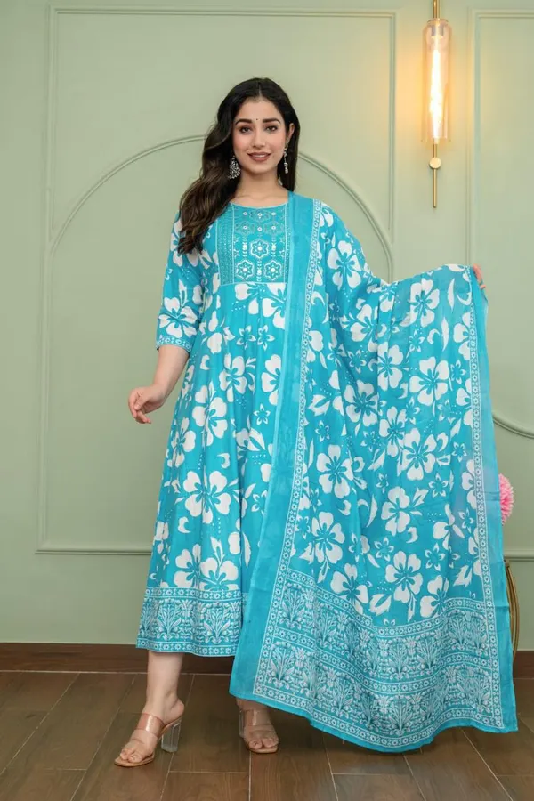 Rayon Cotton Long Anarkali Kurti with Dupatta | KS1241