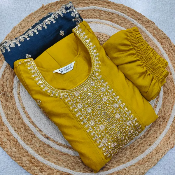 Premium Vichitra Silk Long Anarkali Top Bottom Dupatta Set | TS3738