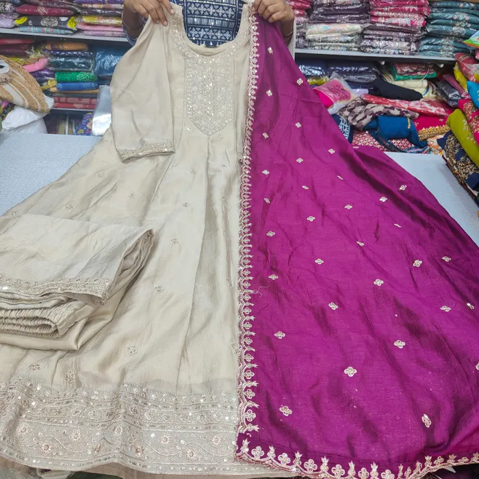 Premium Vichitra Silk Long Anarkali Top Bottom Dupatta Set | TS3737