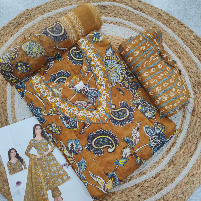 Cotton Anarkali Top Bottom Dupatta Set |TS3721