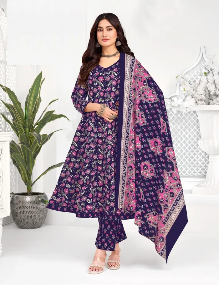 Pure Cotton Anarkali Top Bottom Dupatta Set | TS3330