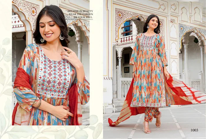 Cotton Nayra cut Top Bottom Dupatta set  | TS3102