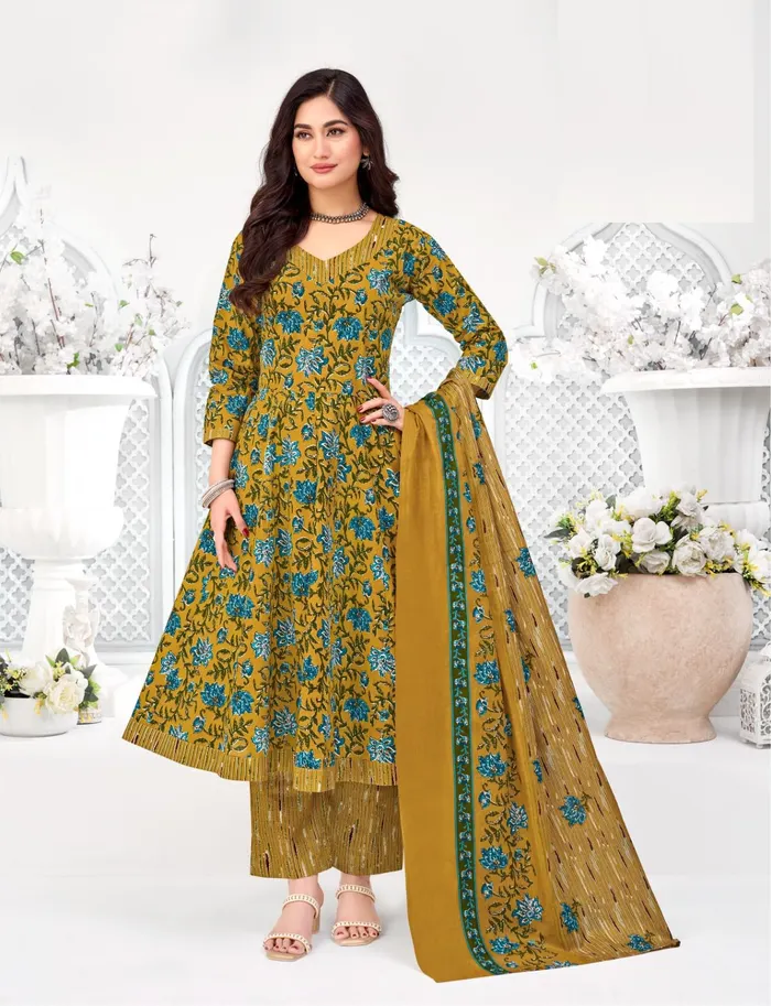 Pure Cotton Anarkali Top Bottom Dupatta Set | TS3333