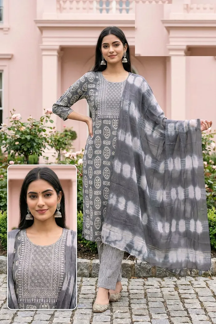 Capsule Cotton Straight Top Bottom Dupatta Set | TS3077