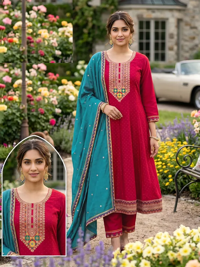Fancy Vichitra Roman Mix Anarkali Top Bottom Dupatta  | TS3299