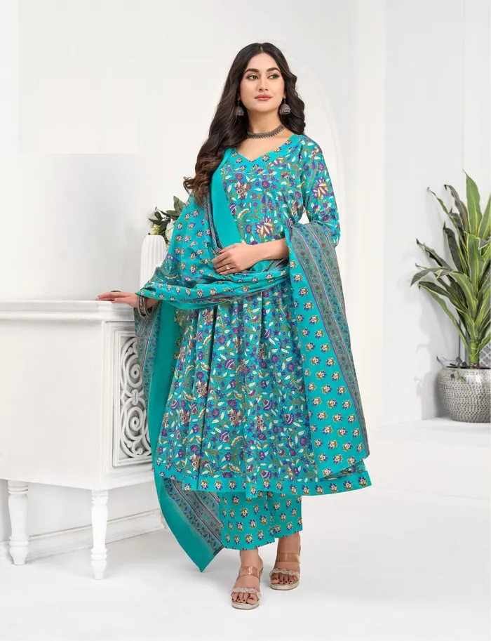 Pure Cotton Anarkali Top Bottom Dupatta Set | TS3332