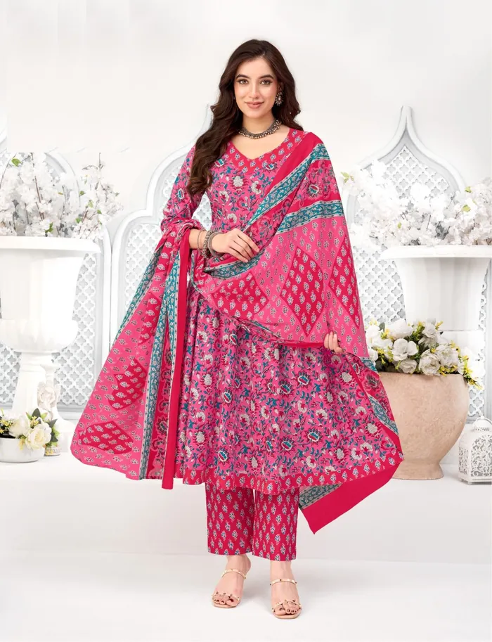 Pure Cotton Anarkali Top Bottom Dupatta Set | TS3334