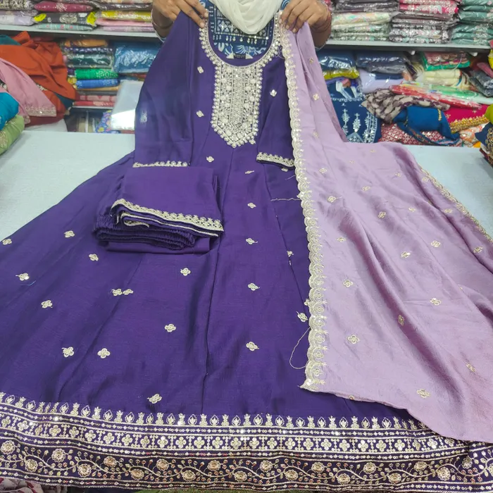 Premium Vichitra Silk Long Anarkali Top Bottom Dupatta Set | TS3747
